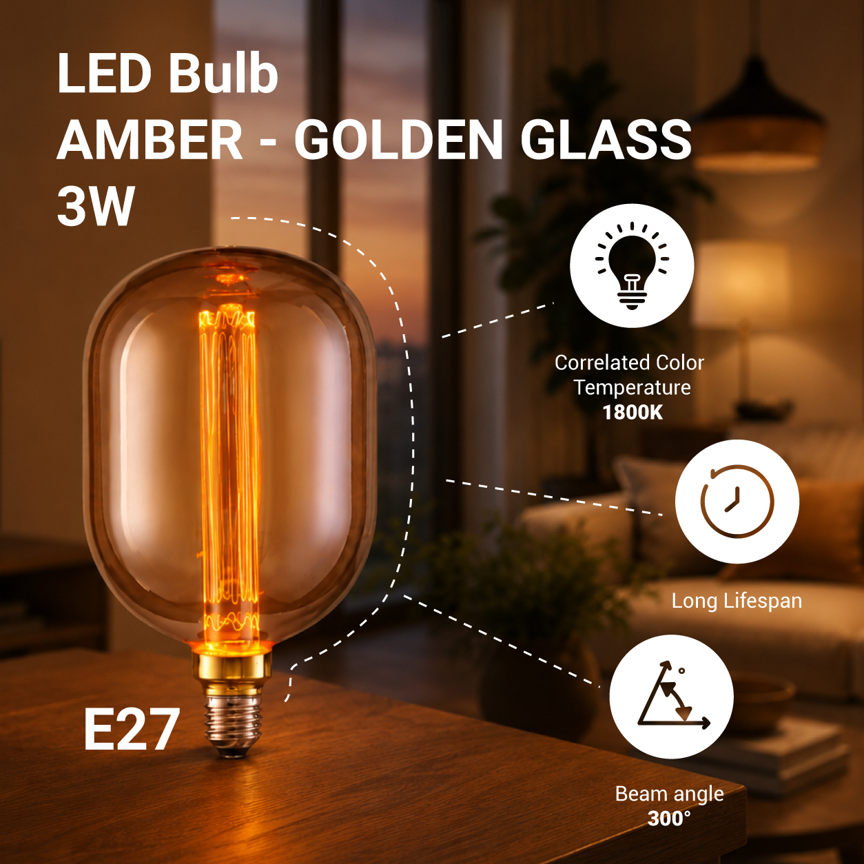 LED Сијалица E27 3W AMBER – ЗЛАТНО СТАКЛО
