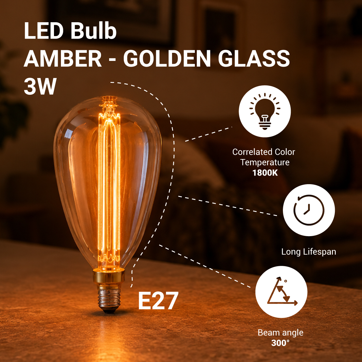 LED Сијалица E27 3W AMBER – ЗЛАТНО СТАКЛО