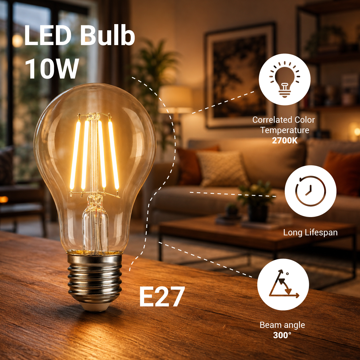 Led СИJАЛИЦА A60 10W 1350Lm E27 220-240V 2700K ФИЛАМЕНТ