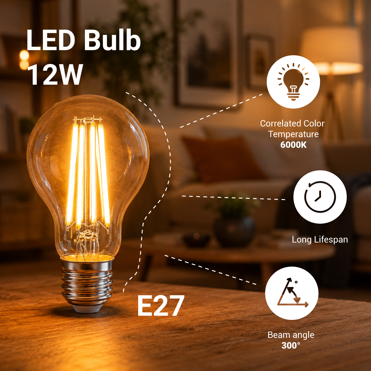 Led СИJАЛИЦА A60 12W 1500Lm E27 220-240V 6000K ФИЛАМЕНТ
