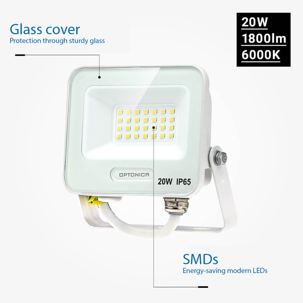 Led SMD Рефлектор БЕЛО ТЕЛО IP65 СО 15 CM КАБЕЛ 20W БЕЛА СВЕТЛИНА