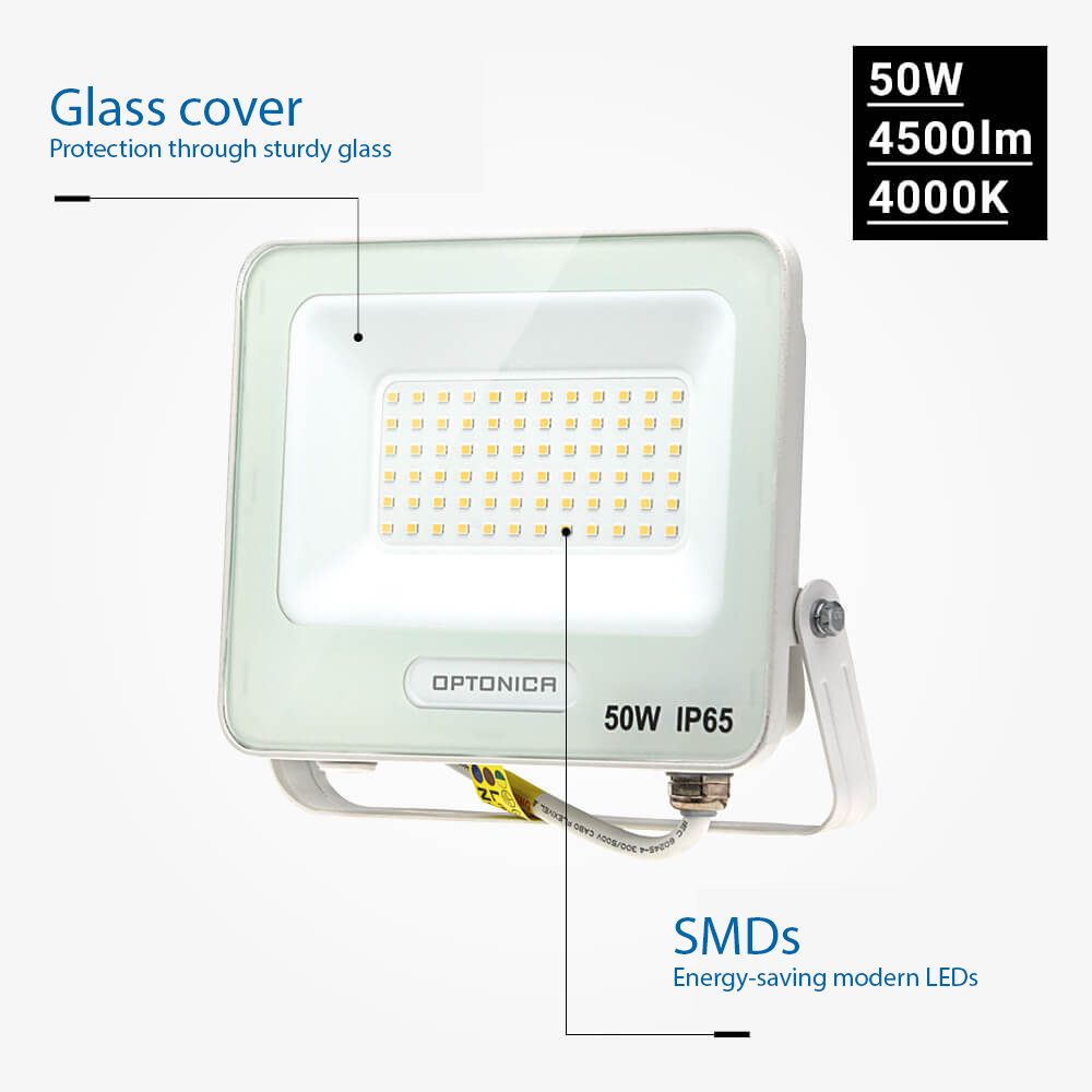 Led SMD Рефлектор БЕЛО ТЕЛО IP65 СО 15 CM КАБЕЛ 50W НЕУТРАЛНО БЕЛО
