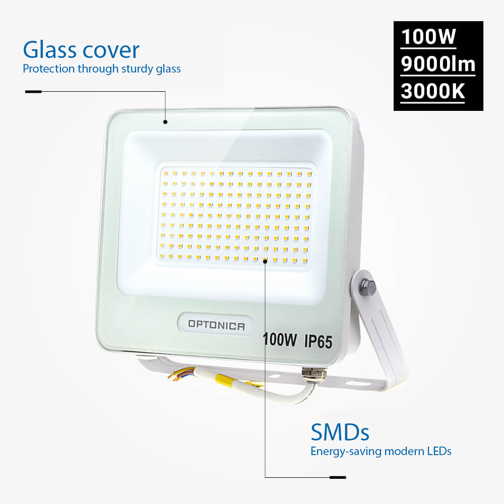 Led SMD Рефлектор БЕЛО ТЕЛО IP65 СО 15 CM КАБЕЛ 100W ТОПЛО БЕЛО
