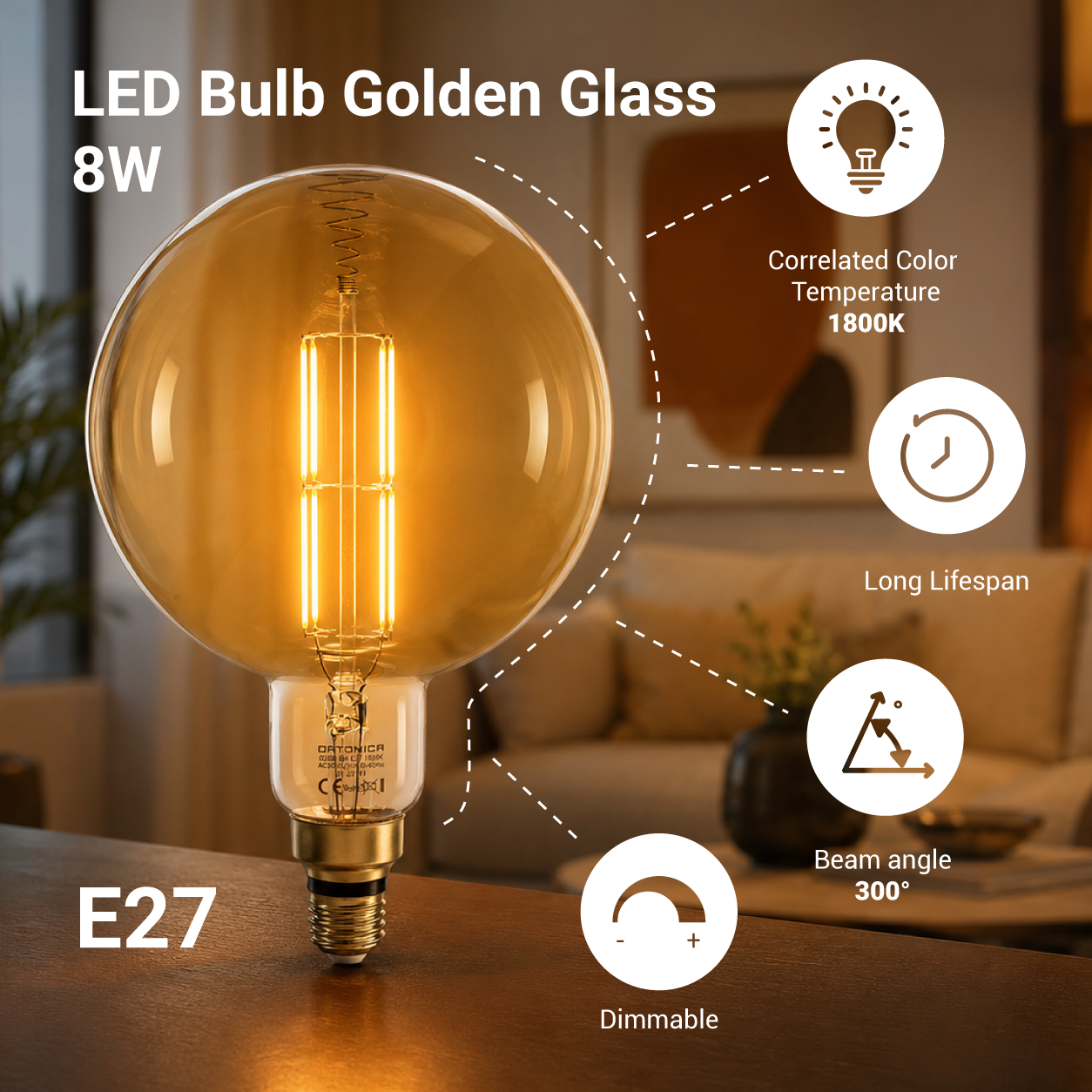 Led СИJАЛИЦА G200 8W 810Lm 1800K AC220-240V E27 ЗЛАТНО СТАКЛО ДИМАБИЛНА