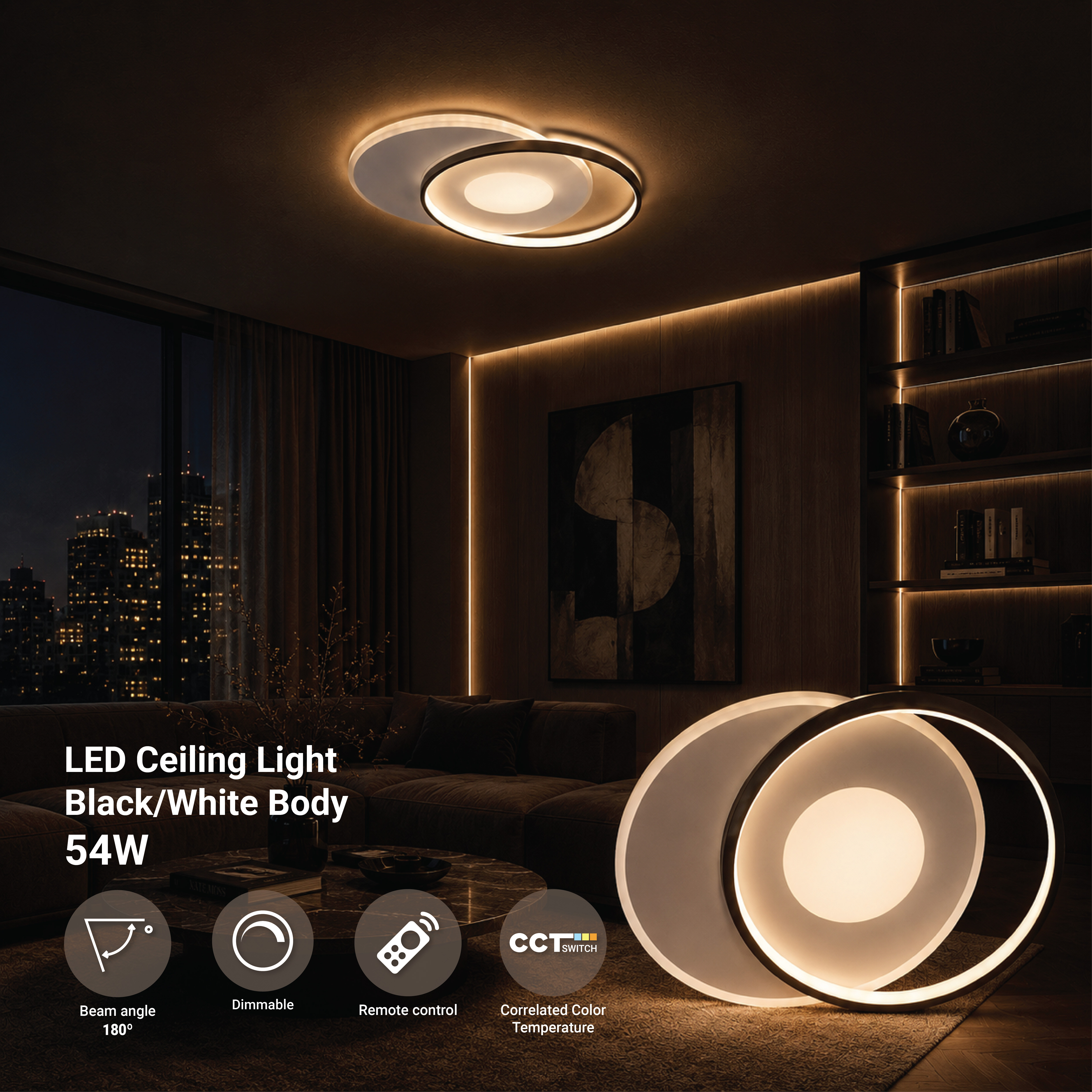 LED ПЛАФОНСКА СВЕТИЛКА 54W/4120LM WH+BK 3000-6000K ДИМАБИЛЕН + ДАЛЕЧИНСКО