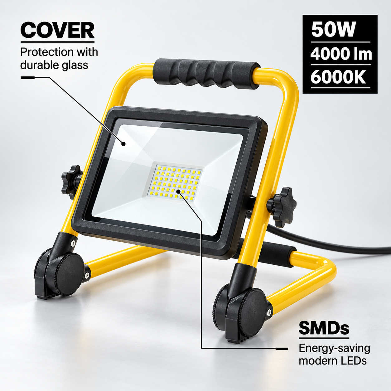 50W Led ПРЕНОСЕН SMD Рефлектор 4000Lm 3M КАБЕЛ 6000K – IP65