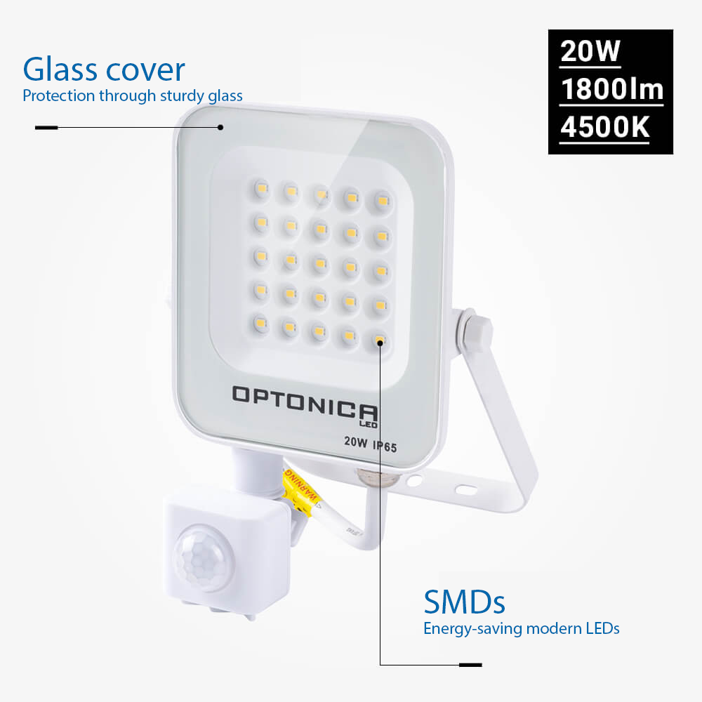 Led SMD Рефлектор БЕЛ 20W 1800Lm AC220-240V 90° IP65 4500K + SENSOR