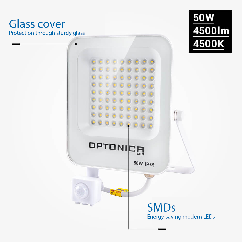 Led SMD Рефлектор БЕЛ 50W 4500Lm AC220-240V 90° IP65 4500K + SENSOR