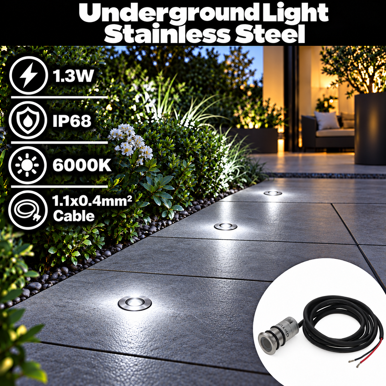 Led ПОДЗЕМНО СВЕТЛО 1.3W STAINLESS STEEL 24VDC 20/60° IP68 – WH