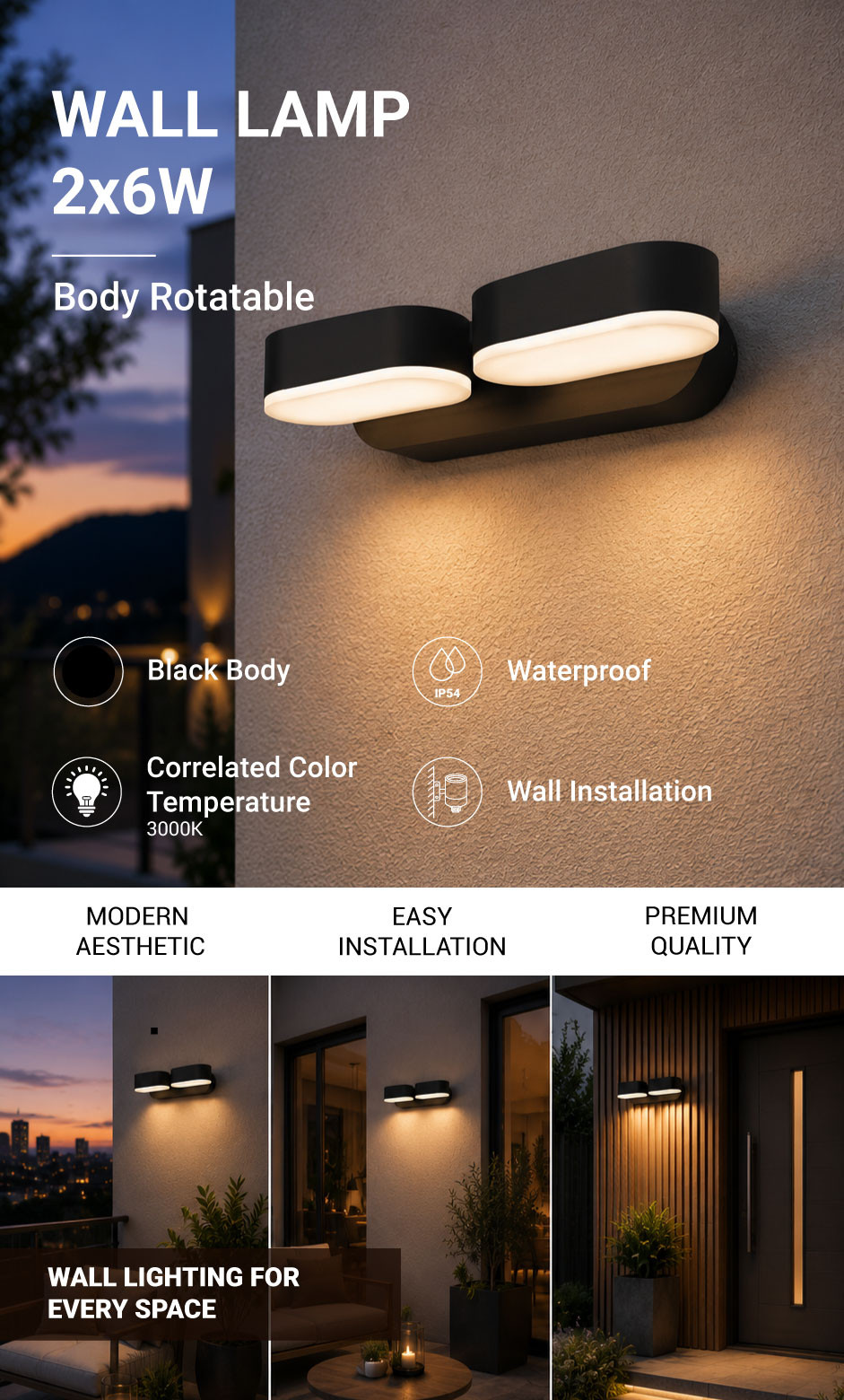 Led ЅИДНО СВЕТЛО EPISTAR AC100-240V 2*6W IP54 1320Lm ЦРНО ТЕЛО 3000K