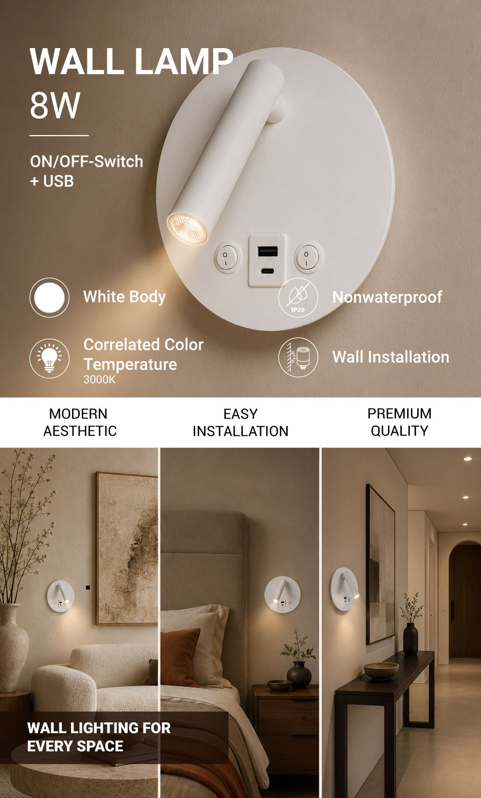 LED Ѕидна Светилка 8W IP20 со ON/OFF – Прекинувач + USB Бела 3000K
