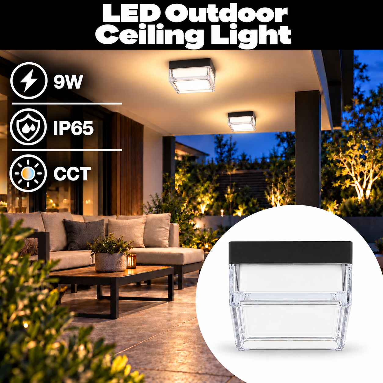 LED НАДВОРЕШНА ПЛАФОЊЕРКА СВЕТИЛКА КВАДРАТНА ЦРНА/БЕЛА 9W 3CCT IP65