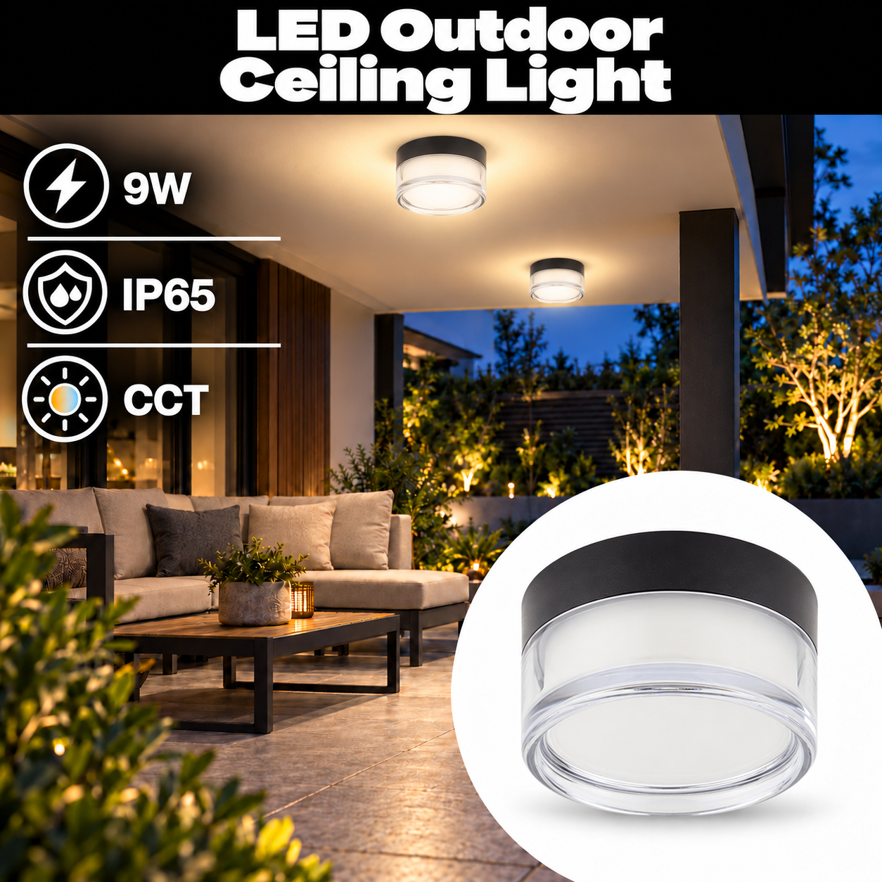 LED НАДВОРЕШНА ПЛАФОЊЕРКА СВЕТИЛКА ОКРУГЛА ЦРНА/БЕЛА 9W 3CCT IP65