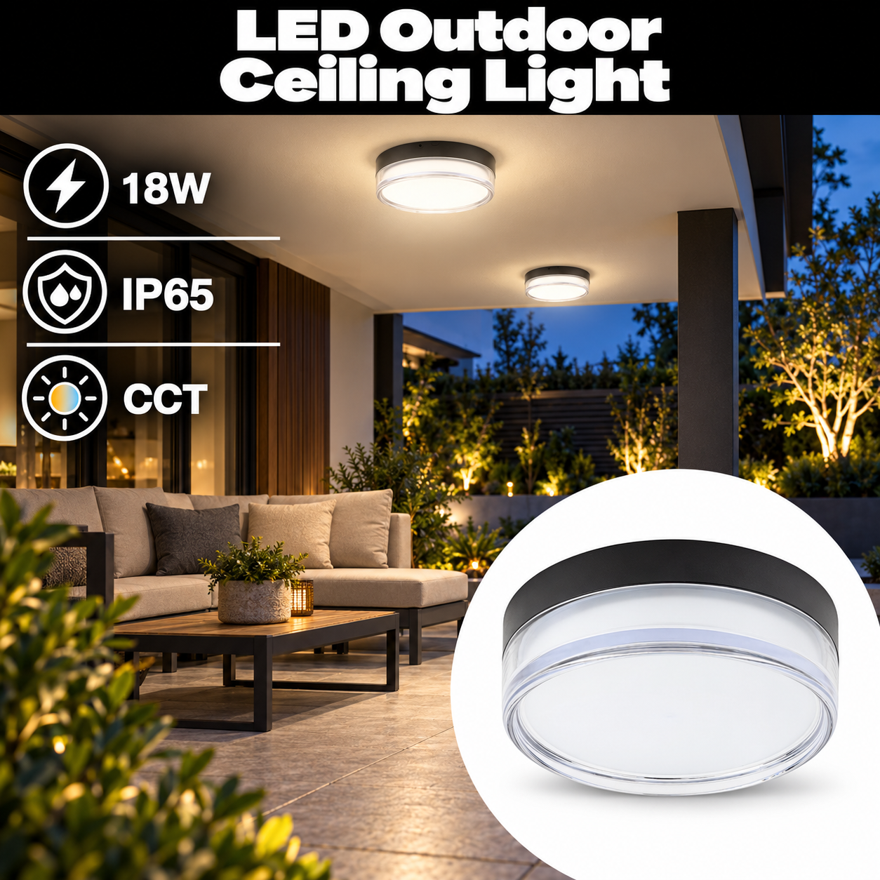 LED НАДВОРЕШНА ПЛАФОЊЕРКА СВЕТИЛКА ОКРУГЛА ЦРНА/БЕЛА 18W 3CCT IP65
